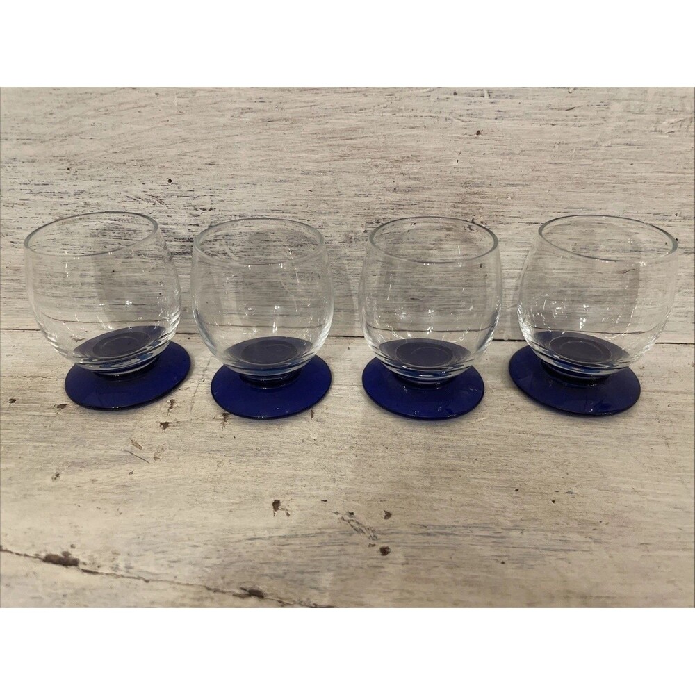 Vtg MCM Cordial Glass Cobalt Blue Footed 2” Barware Mini Liquor Shot Glass Set 4